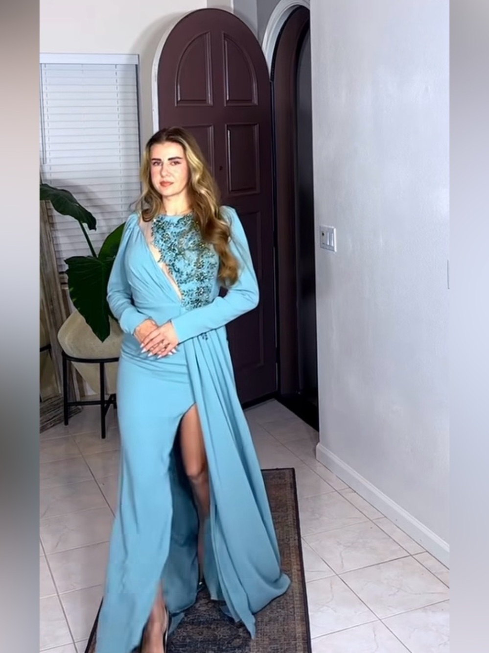 Prom Elegant Light Blue Embellished Evening Gown